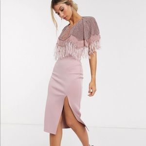 ASOS DESIGN embellished scuba pearl feather midi dress in pink